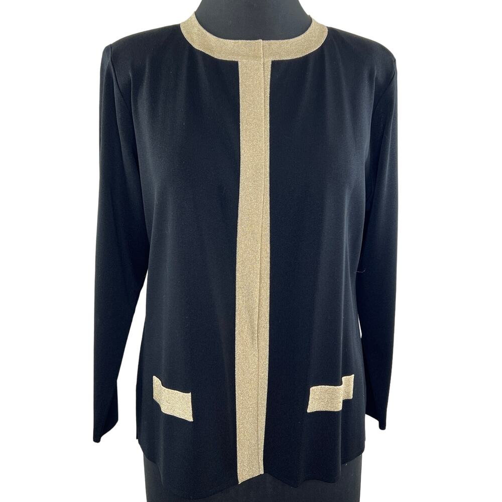 VTG MISOOK Black Cream Trim Acrylic Long Sleeve Sweater Top Jacket Small S